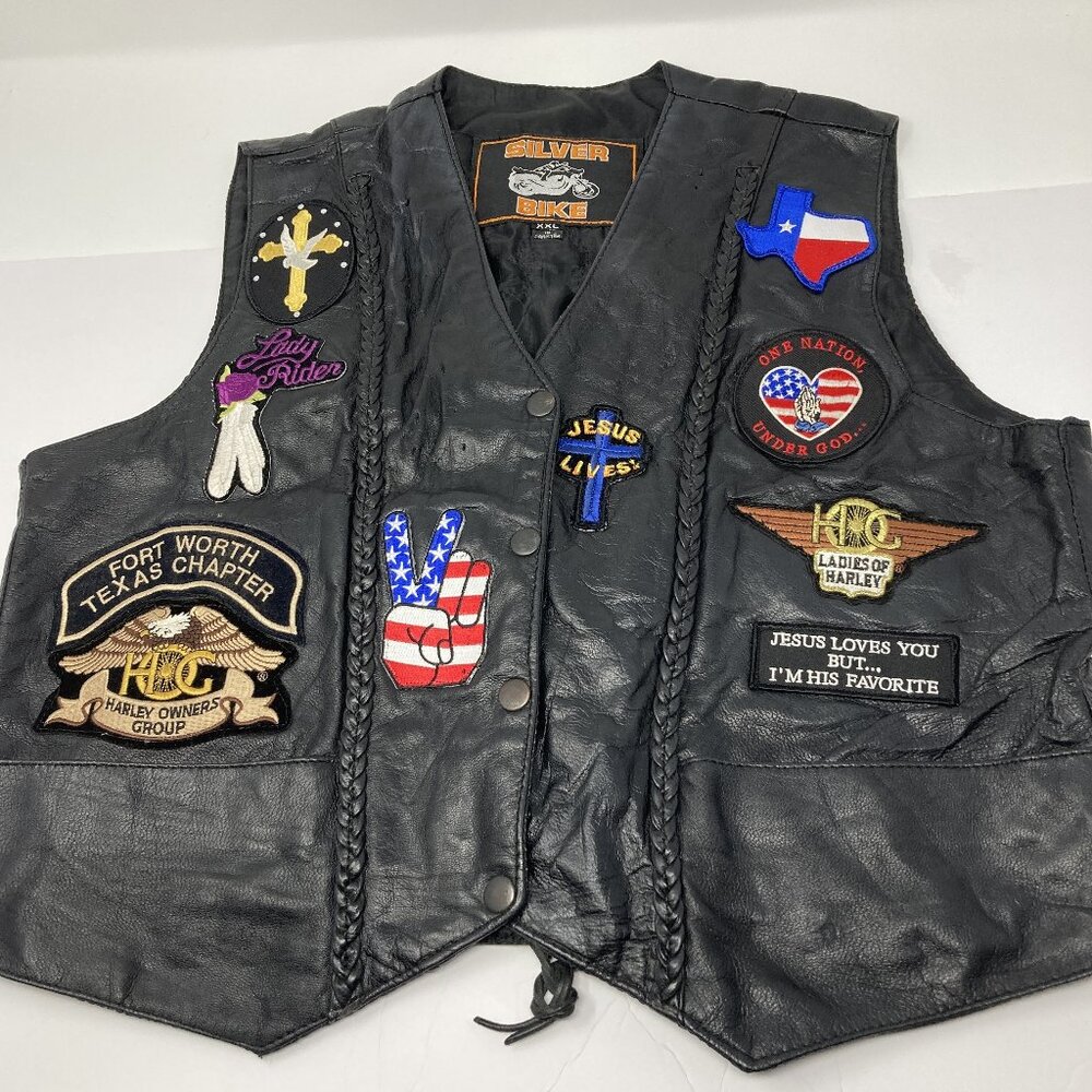 Harley Davidson Ladies Leather Vest XXL HOG Texas Patches Jesus Christian
